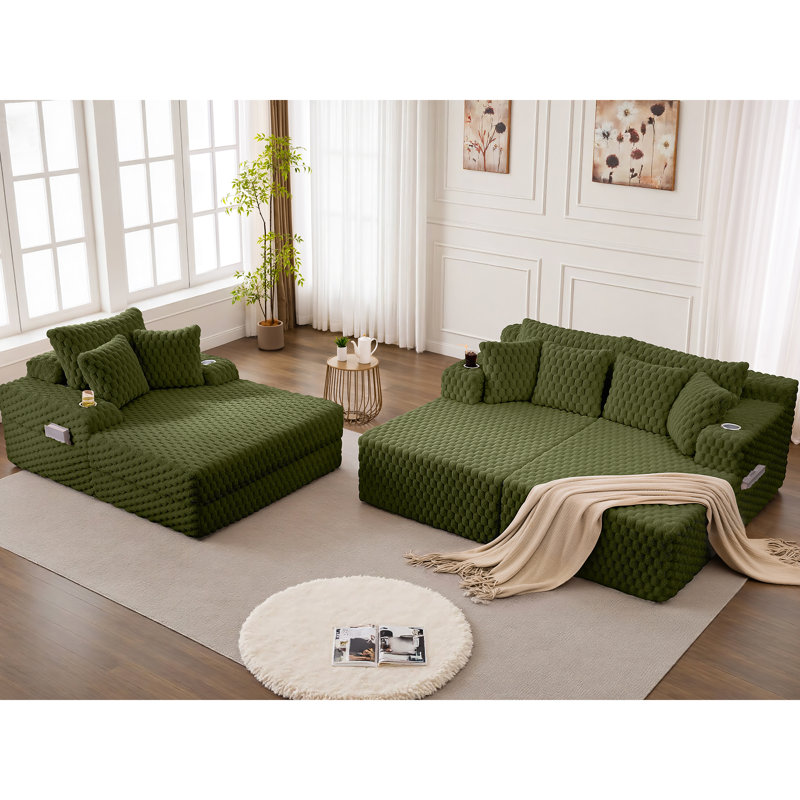 Ensemble de canapé-lit rembourré en fausse fourrure, Vert olive