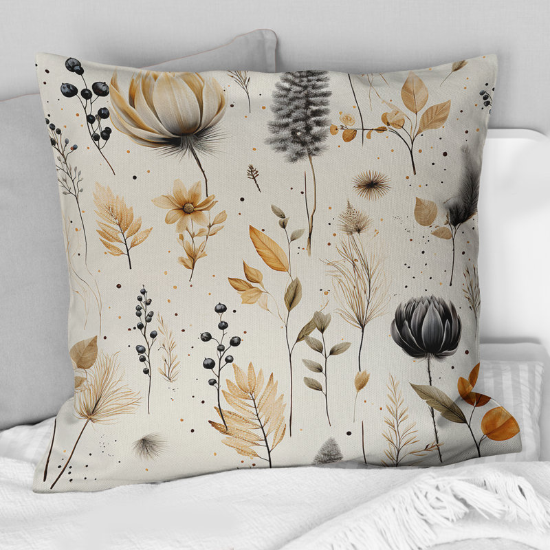 Coussin décoratif en polyester à motif floral gris et beige, H 18 po x l 18 po