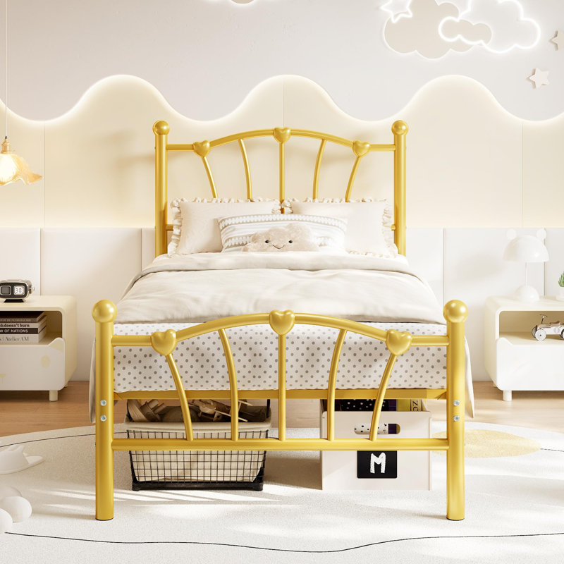 Heart-Shaped Metal Bed Frame – Heavy-Duty Sturdy Design, 600 Lbs Capacity, Gold, Twin