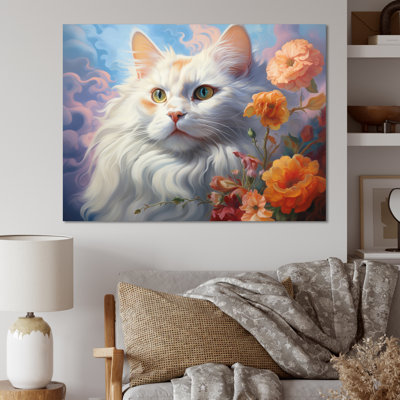 Portrait d'un chat gracieux avec fleurs - impression