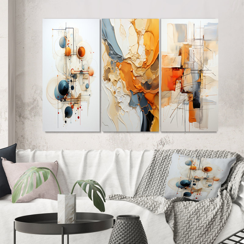 Sarcelle orange, dessin au trait, symbolisme conceptuel - art mural, ensemble de 3, Toile tendue, H 28 po x l 36 po