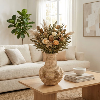 Vase en raphia contemporain tissé à la main pour la décoration intérieure - vase de table moderne avec texture pour comptoir de cuisine - brun clair et brun