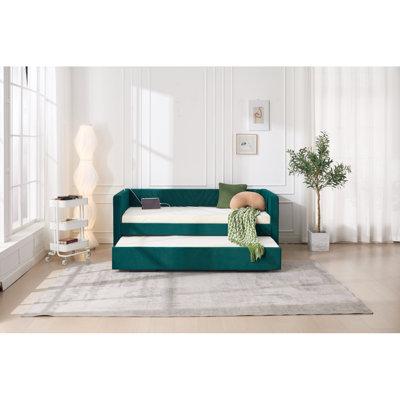 Lit de jour simple rembourré avec lit gigogne, port USB, poches latérales, dossier à profil en V moderne, aucun sommier nécessaire, pour chambre à coucher, chambre d'amis (émeraude, lit simple)