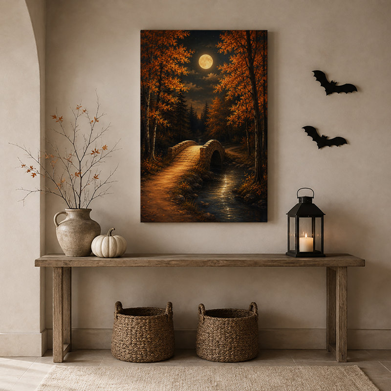 «Stone Bridge Over Stream Moonlit Autumn Forest», art mural sur toile, H 18 po x l 12 po