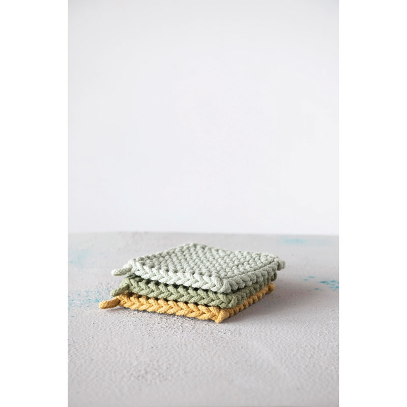 Cotton Crocheted Pot Holder, Gray/ Green/ Yellow