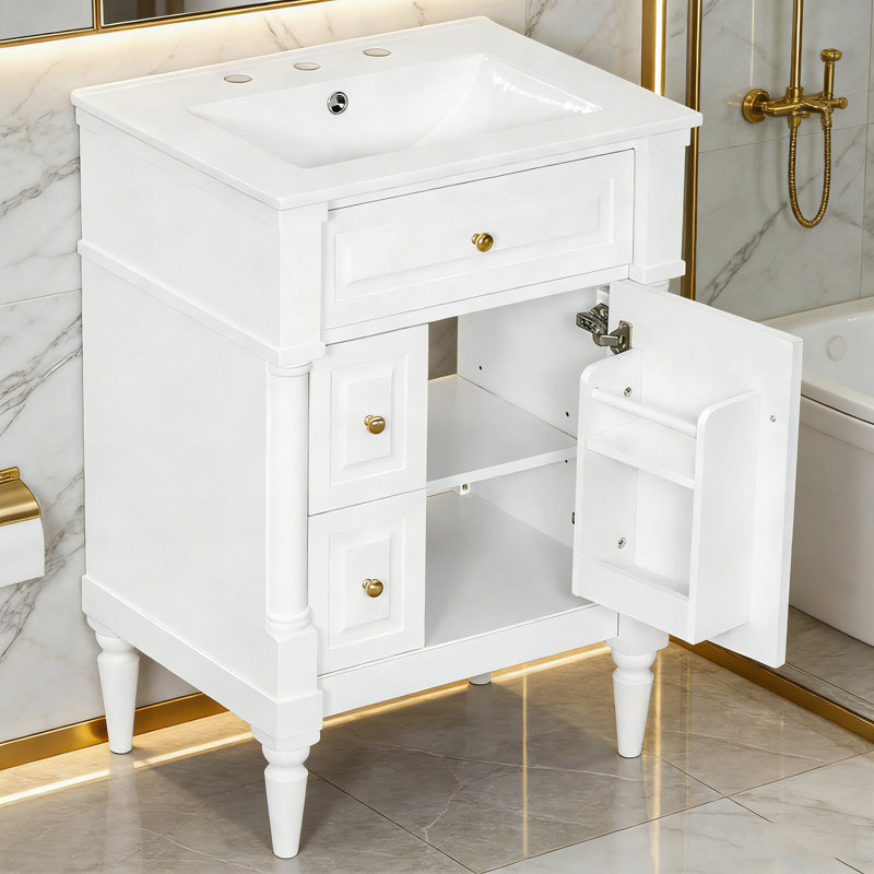 Meuble-lavabo avec lavabo, 2 tiroirs et tablettes de porte, Blanc
