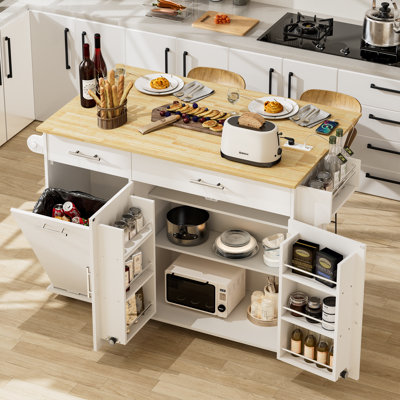Rolling Kitchen Island With Power Outlet & Drop Leaf, Mobile Kitchen Island Cart With Tilt-Out Trash Can Storage, Spice Rack & Towel Rack And Adjustab by Winston Porter