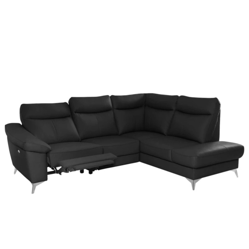 Cordelra Leather Corner Sofa with Power Reclining Seat and Underseat Storage , Black, Right Hand Facing