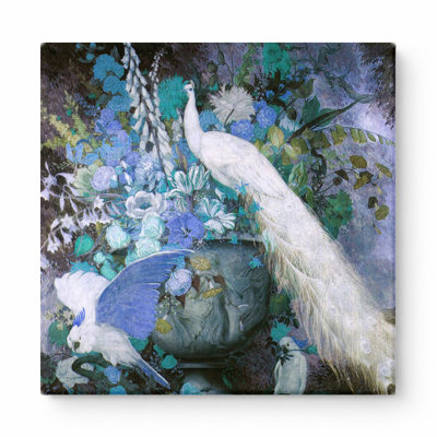 White Peacocks and Flowers — Square Canvas Wall Art