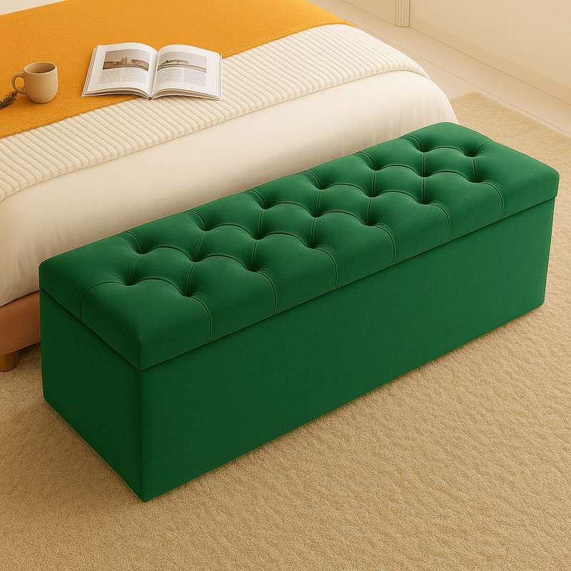 Chesterfield Ottoman Storage Box - Plush Velvet Blanket box - Shoe Bench - End of Bed Bench, Forest Green