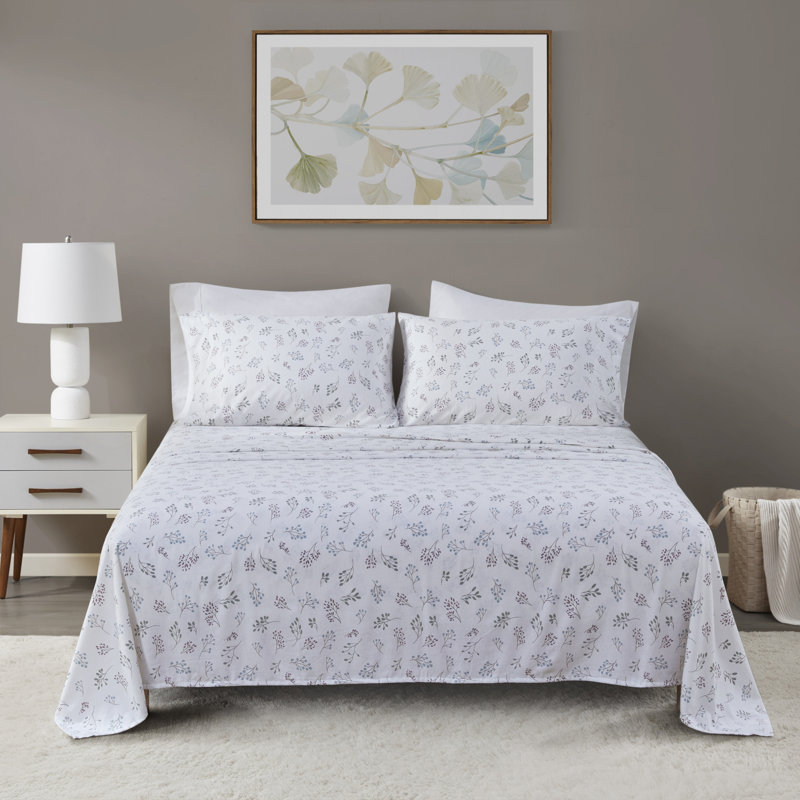 Ensemble de draps 100% coton Cozy, Ensemble de draps pour très grand lit avec 2 taie, Blanc à motif botanique