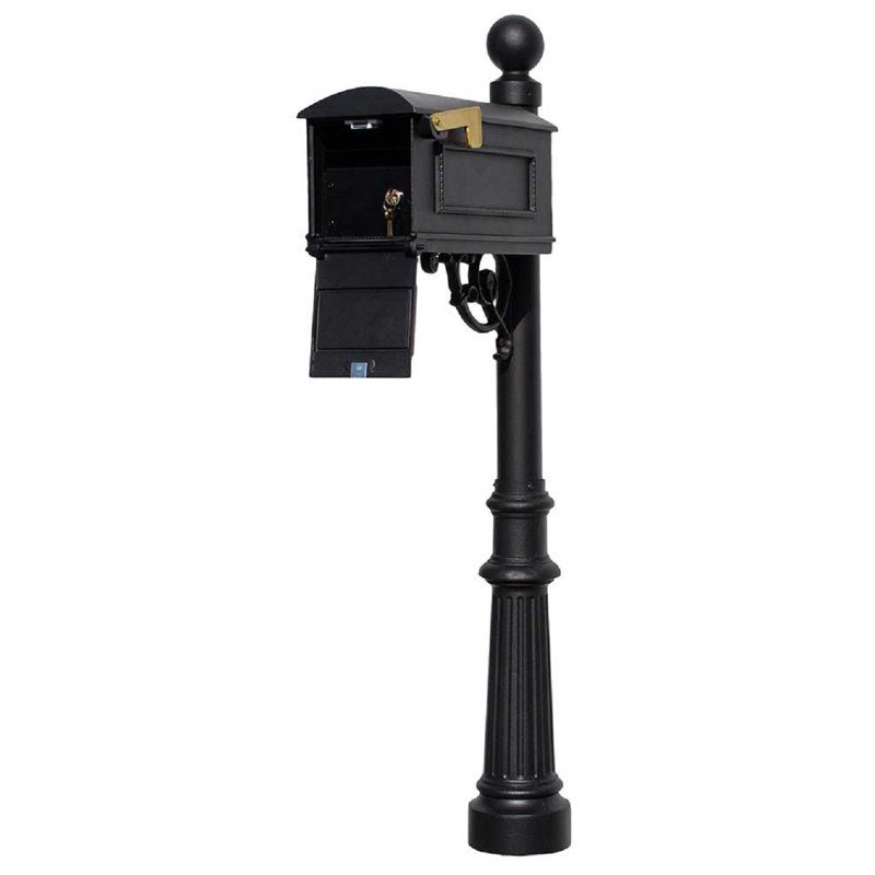 Lewiston Black Aluminum Locking Post Mounted Mailbox with Decorative Finial