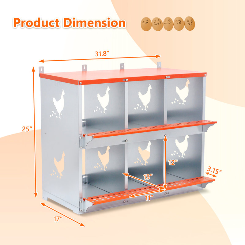 6 boîtes de nidification ventilées pour et canards, métal orange, rembourrage en fibre de noix de coco, volaille de nid en acier galvanisé facile à nettoyer, favorise la ponte confortable des œufs, absorbant et durable