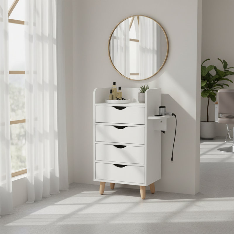 Armoire de rangement pour salon 4 couches avec 2 supports pour sèche-cheveux, 4 tiroirs et pieds surélevés - Organisateur de coiffeuse Barber