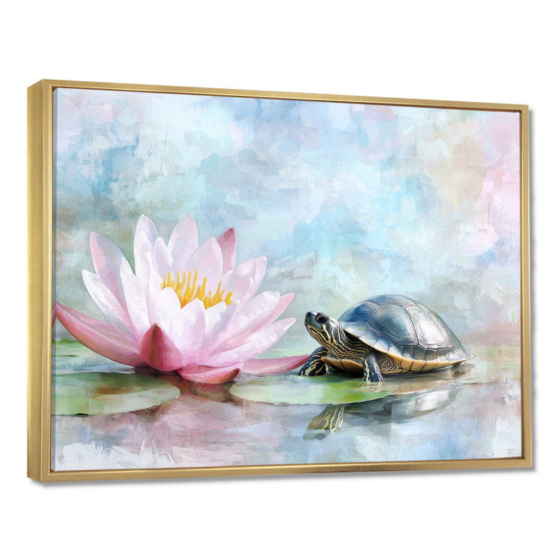 Tortue dans le nénuphar IV - tortue, art mural, H 12 po x l 20 po, Impression dans un cadre flottant sans passe-parto, Doré