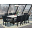 Ensemble de salle à manger 9 pièces - 8 boutons de chaise rembourrés en tissu de lin noir capitonnés avec des têtes de clous et une table de cuisine en lin blanc - finition noire brossée-374670934