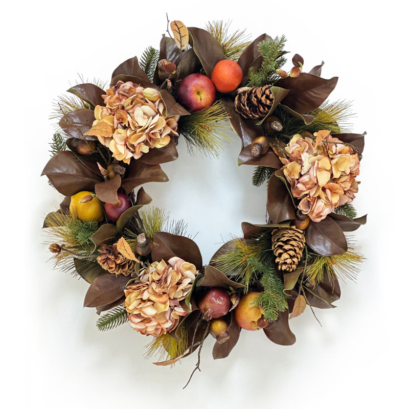 HYDRANGEA AND MAGNOLIA LEAF WREATH, LINEN BROWN
