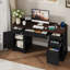  Bureau d'ordinateur de 58 po de largeur avec cabinet de rangement et tiroirs, bureau de ferme à la maison, bureau de direction en bois avec station de charge-1591910323