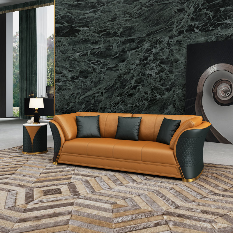 3 Piece Genuine Leather Living Room Set, Orange/Black Genuine Leather