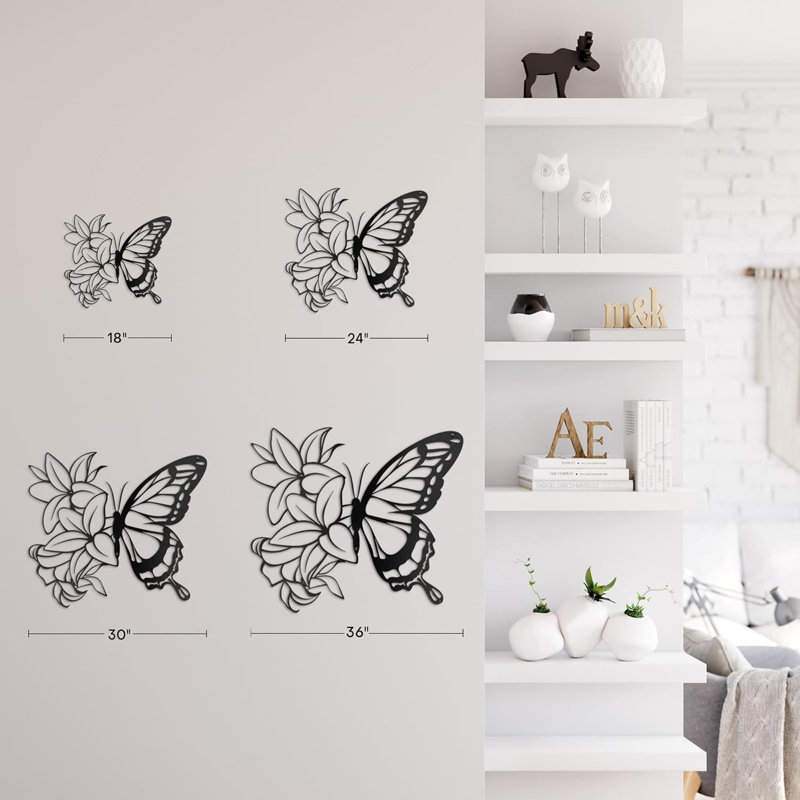 Lilies Butterfly Black Gold Minimalist Modern Abstract Wall Accent Sculpture Hanging Decoration Metal Wall Decor, Black