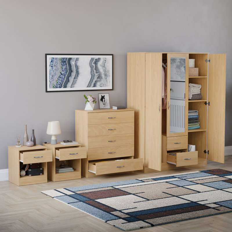 Tayce 4 Piece Bedroom Set (1 Drawer Bedside Chest X2, 5 Drawer Chest, 3 Door 2 Drawer Mirrored Wardrobe), Tan