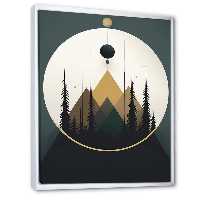 Minimal Full Moon Mountain en vert et bleu sur toile, Cadre flottant blanc, H 44 po x l 34 po x P 1,5 po