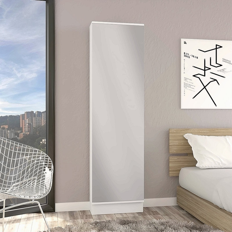 Rangement pour chaussures, miroir, cinq tablettes intérieures, finition d'armoire à une porte, Blanc