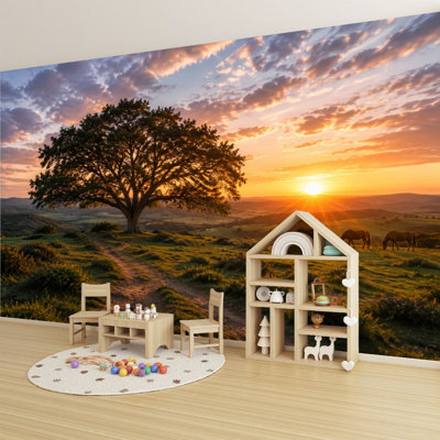 Papier peint adhésif auto-adhésif moderne pour la chambre à coucher Peel and Stick L 69 po x l 96 po avec couchers de soleil