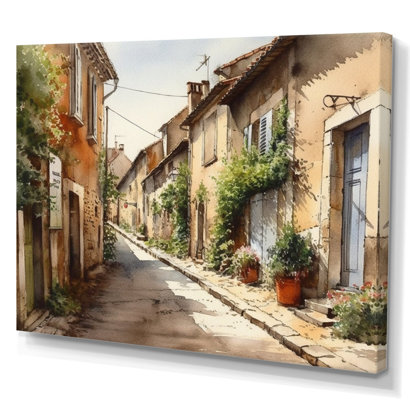 «Rochan Mediterranean Village Street I - Landscape Cottage», reproduction sur toile encadrée, H 12 po x l 20 po x P 1 po