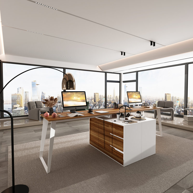 Lige 108"W 2 Person Computer Desk, White/Brown
