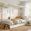 UK Single 3ft Wooden Canopy Bed with Play Tent Curtains & 2 Storage Drawers, 150cm H Solid Pine Frame Kids Daybed, White & Green, 90x190cm