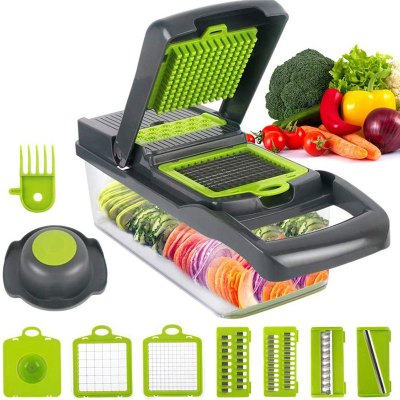 Hachoir à légumes 15 en 1 avec récipient - Outil de cuisine multifonctionnel, 8 pales, trancheuse, coupeur et coupeur pour oignon, tomate, presse-citron