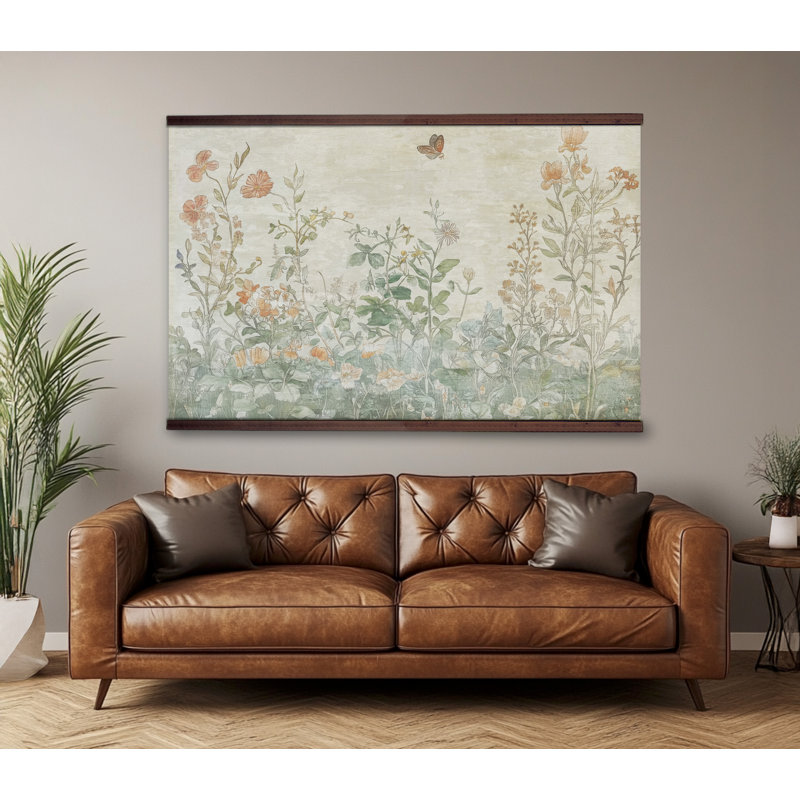 Très grande tapisserie florale botanique rétro, toile surdimensionnée, art mural encadré, H 32 po x l 48 po