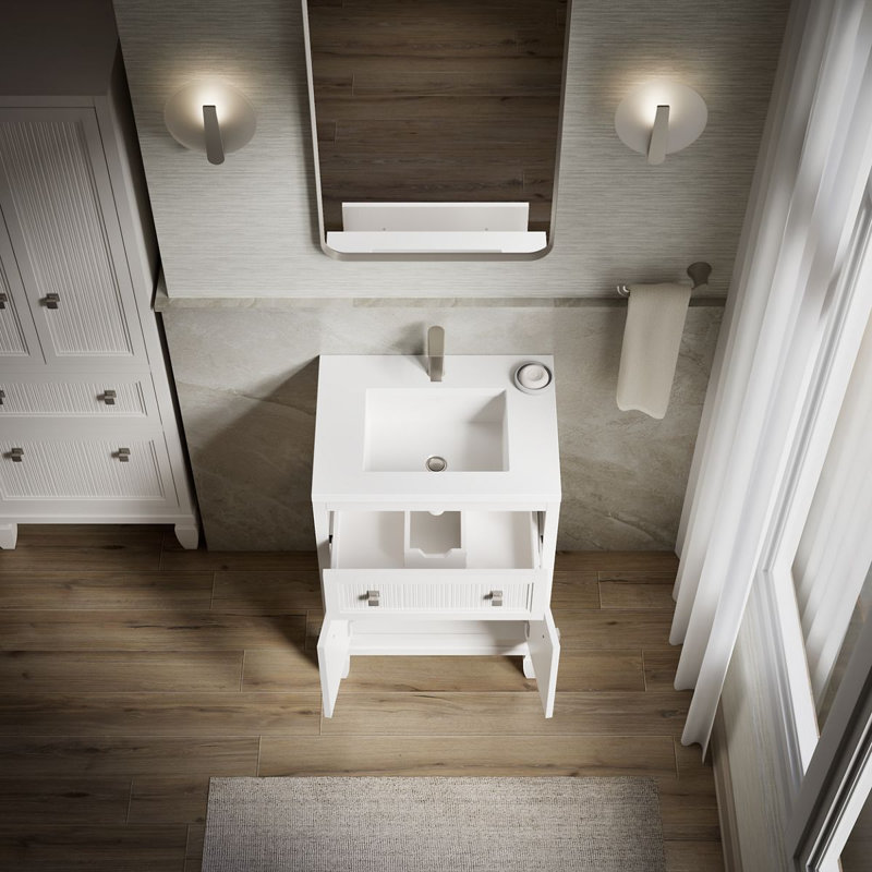 Hearthaven Free Standing Single Bathroom Vanity Cabinet with Sink and Quartz Top, White, 24"
