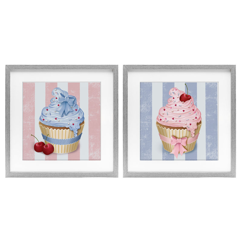 «Pink & Blue Cupcakes», ensemble de 2 reproductions encadrées sous verre, Lori Mosley, H 13 po x l 13 po, Cadre de ferme gris