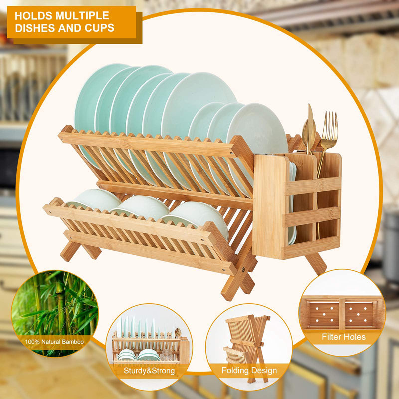 Foldable Bamboo 2-Tier Dish Drying Rack with Utensil Holder