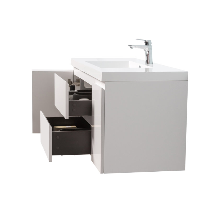 Meuble-lavabo suspendu de 48 po avec lavabo simple, blanc, armoire en mélamine et lavabo intégré en résine, fermeture amortie et entièrement assemblé.