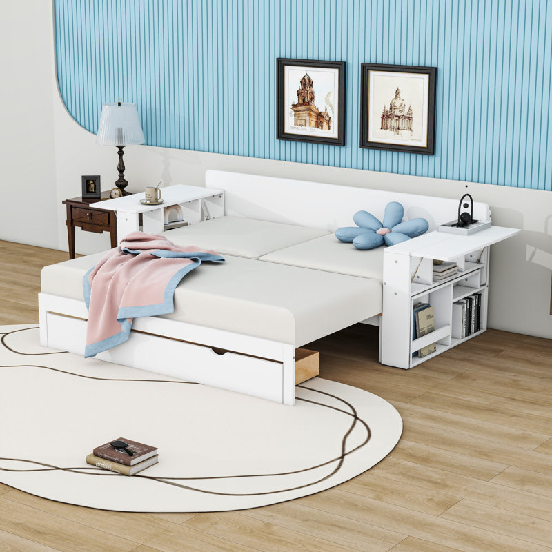 Multifunctional Daybed with Drawers and Desk,Shelves, White, Queen