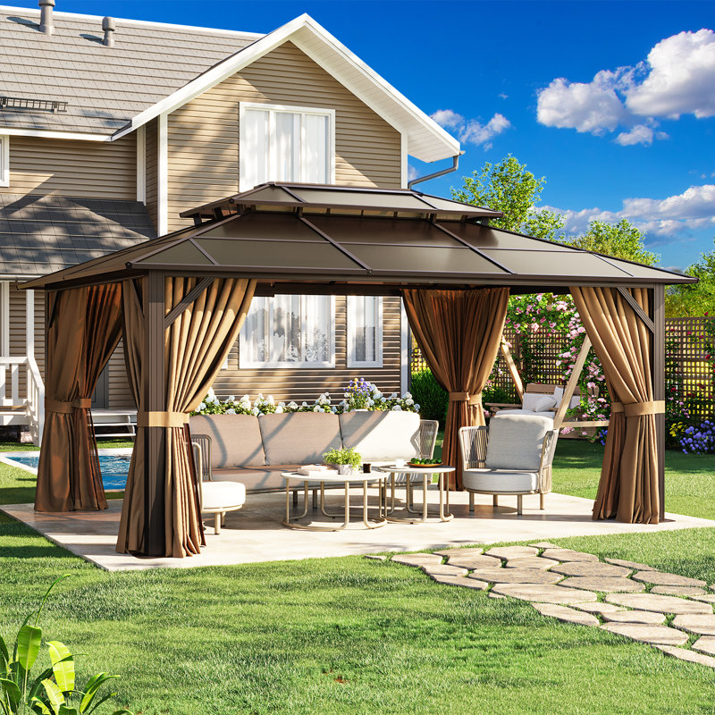 16 Ft. W x 12 Ft. D Metal Frame Patio Gazebo with Polyethylene Double Roof, 16 Ft. W x 12 Ft. D, Brown