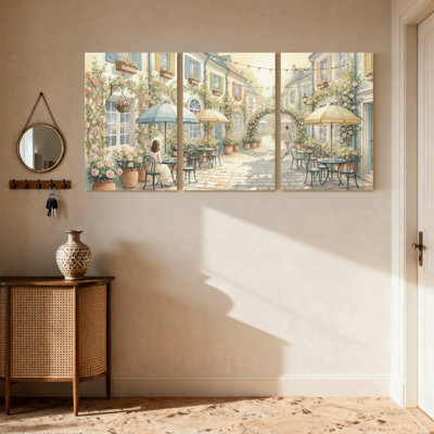 Scenic &Cityscapes Romantic Garden Café Street Scene Set of 3 Canvas Wall Art Prints