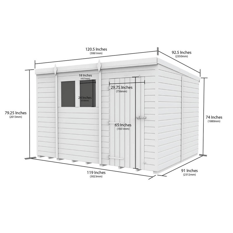 10ft x 8ft Pent Shed - Double Door with Windows