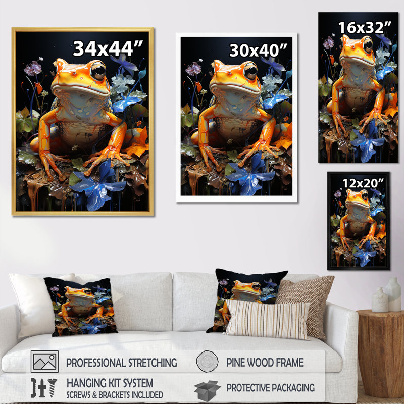 Grenouille orange sur verre, impression sur toile, H 32 po x l 24 po x P 1 po, Cadre flottant doré