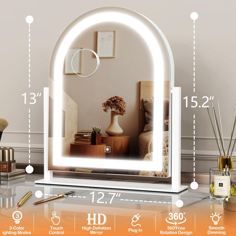 Miroir de maquillage courbé et éclairé, miroir de coiffeuse éclairé Smart Touch, Blanc, 15,2 po x 12,7 po