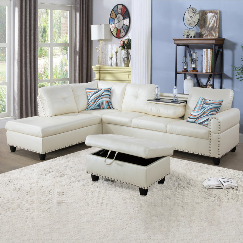 Plyler 97.2" Wide Modular Sectional with Ottoman, Left Hand Facing, White Faux Leather