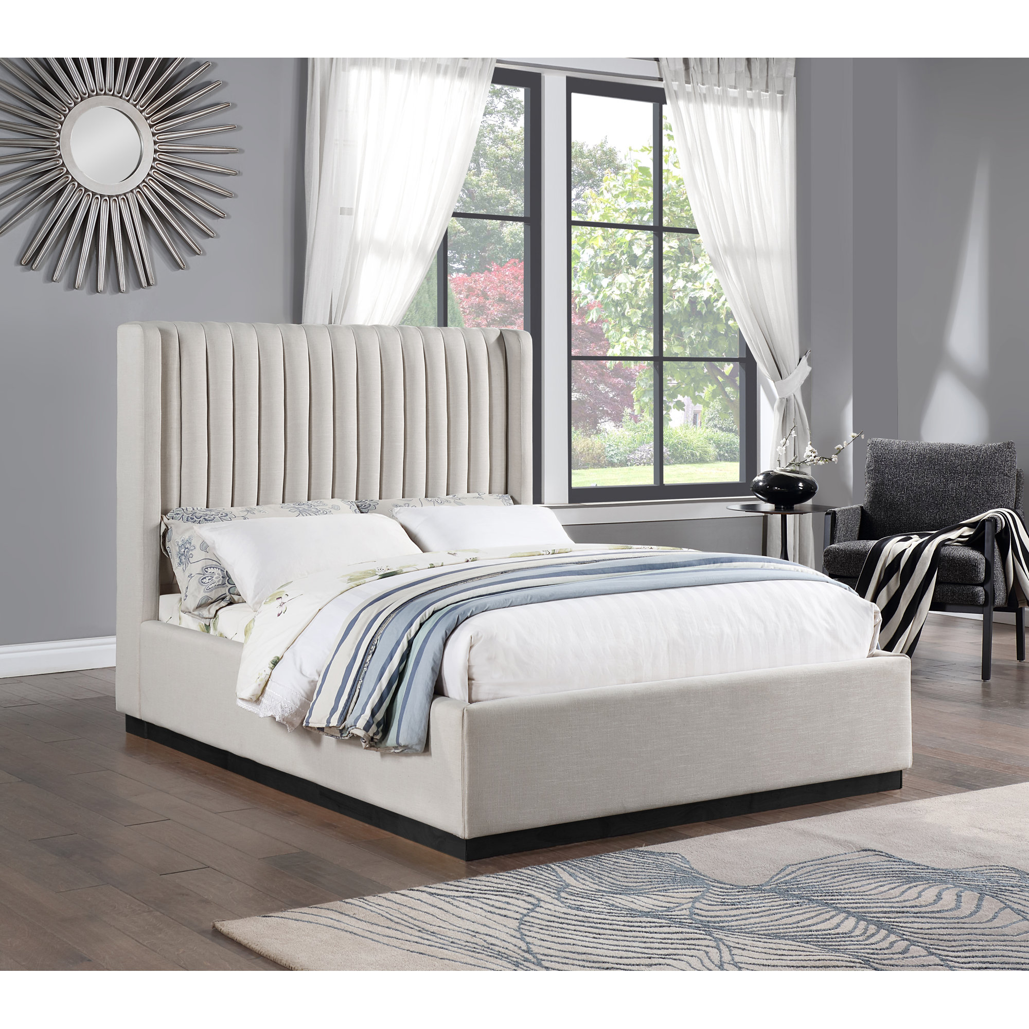 Chamblis Upholstered Wingback Bed, Beige Linen Textured Fabric, Full / Double