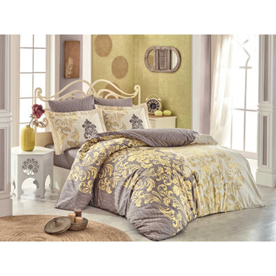 Ensemble de housse de couette luxueuse en popeline double 100% coton, jaune et crème | Housse de couette 78,7 po x 86,6 po, drap plat 94,5 po x 102,4 po, 2 taies d'oreiller 19,7 po x 27,6 po | Literie douce, élégante et lavable à la machine pour les c