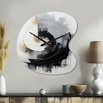 Black And White Zen Spiral II - Abstract Spirals Asymmetrical Metal Clock, Grey Unique Shape Wall Clock Print
