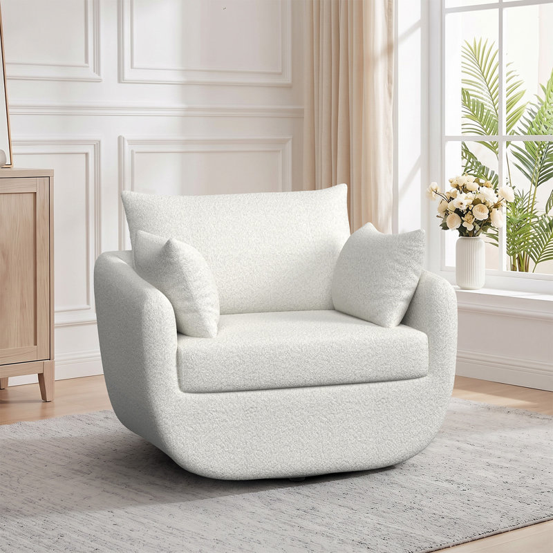 Fauteuil demi-tonneau pivotant rembourré de 40 po de largeur avec coussin amovible et 2 coussins, Blanc, crème