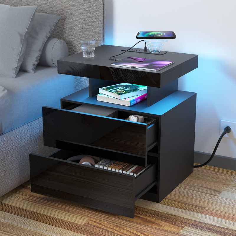 Brenard Manufactured Wood Nightstand with Wireless Charging Station, LED Light and 2 Drawers, Black
