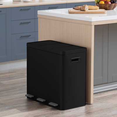 16 Gallon Stainless Steel Triple Trash and Recycling Can with Soft-Close Lids and Step Pedals